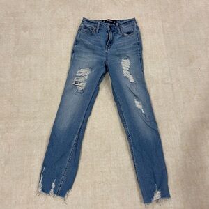 Hollister Medium Blue Distressed High Rise Mom Jeans